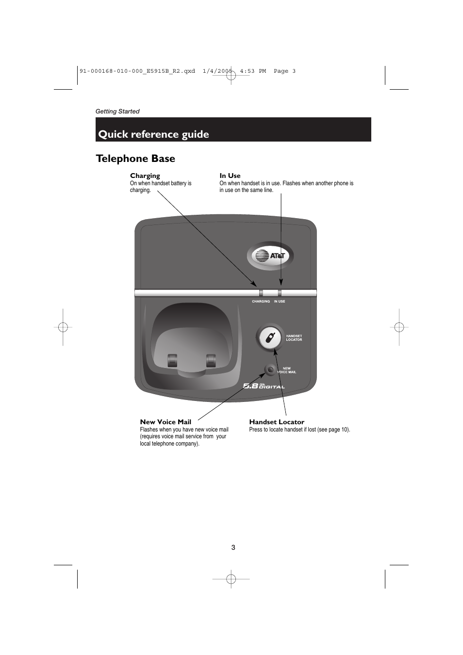 Telephone base, Charging, In use | New voice mail, Handset locator, Quick reference guide telephone base | AT&T E5915B User Manual | Page 5 / 28