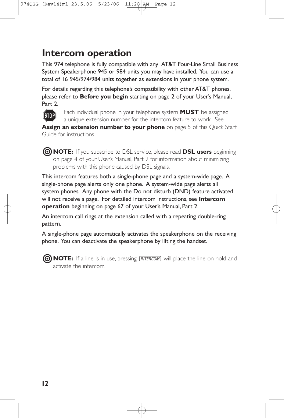 Intercom operation | AT&T 974 User Manual | Page 12 / 15