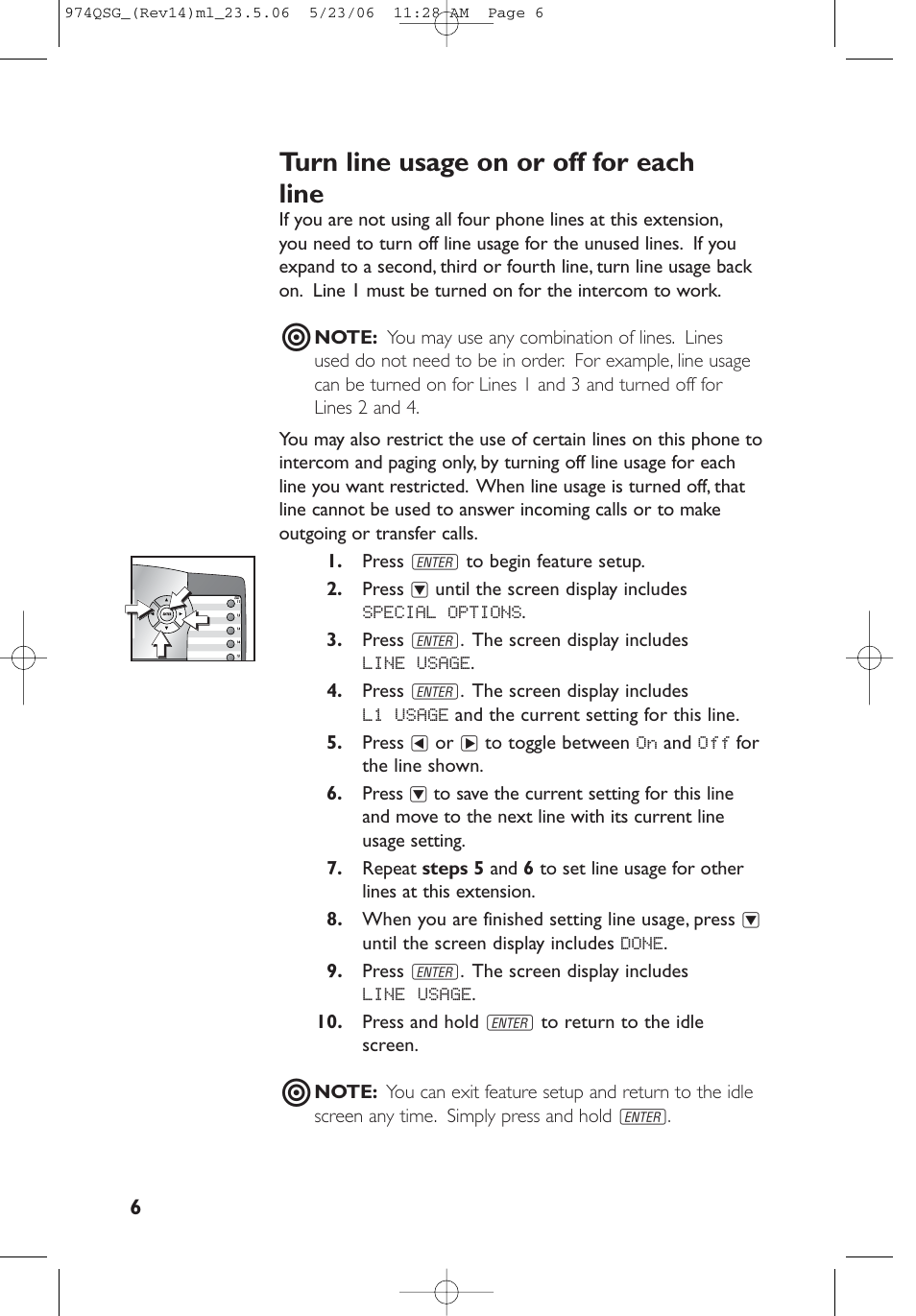 Turn line usage on or off for each line | AT&T 974 User Manual | Page 6 / 15