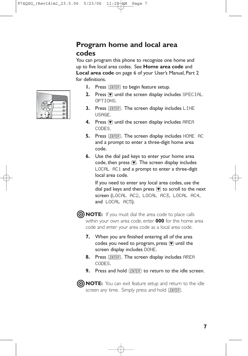 Program home and local area codes | AT&T 974 User Manual | Page 7 / 15