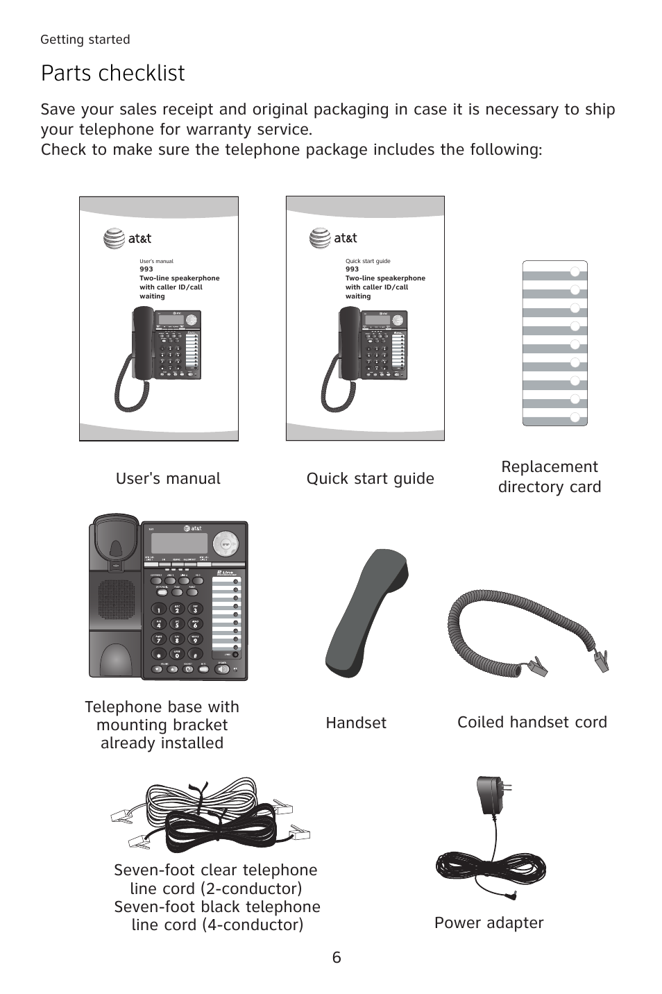 Parts checklist | AT&T ATT 993 User Manual | Page 9 / 79