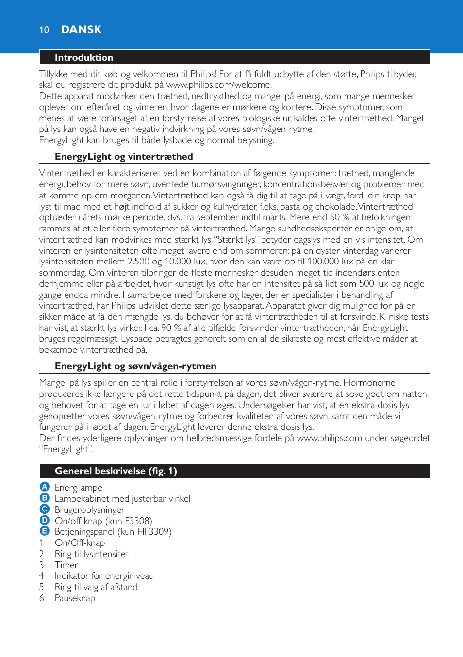 Dansk, Introduktion, Energylight og vintertræthed | Energylight og søvn/vågen-rytmen, Generel beskrivelse (fig. 1) | Philips EnergyLight User Manual | Page 10 / 44