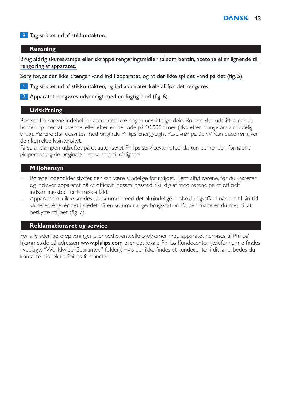 Rensning, Udskiftning, Miljøhensyn | Reklamationsret og service | Philips EnergyLight User Manual | Page 13 / 44