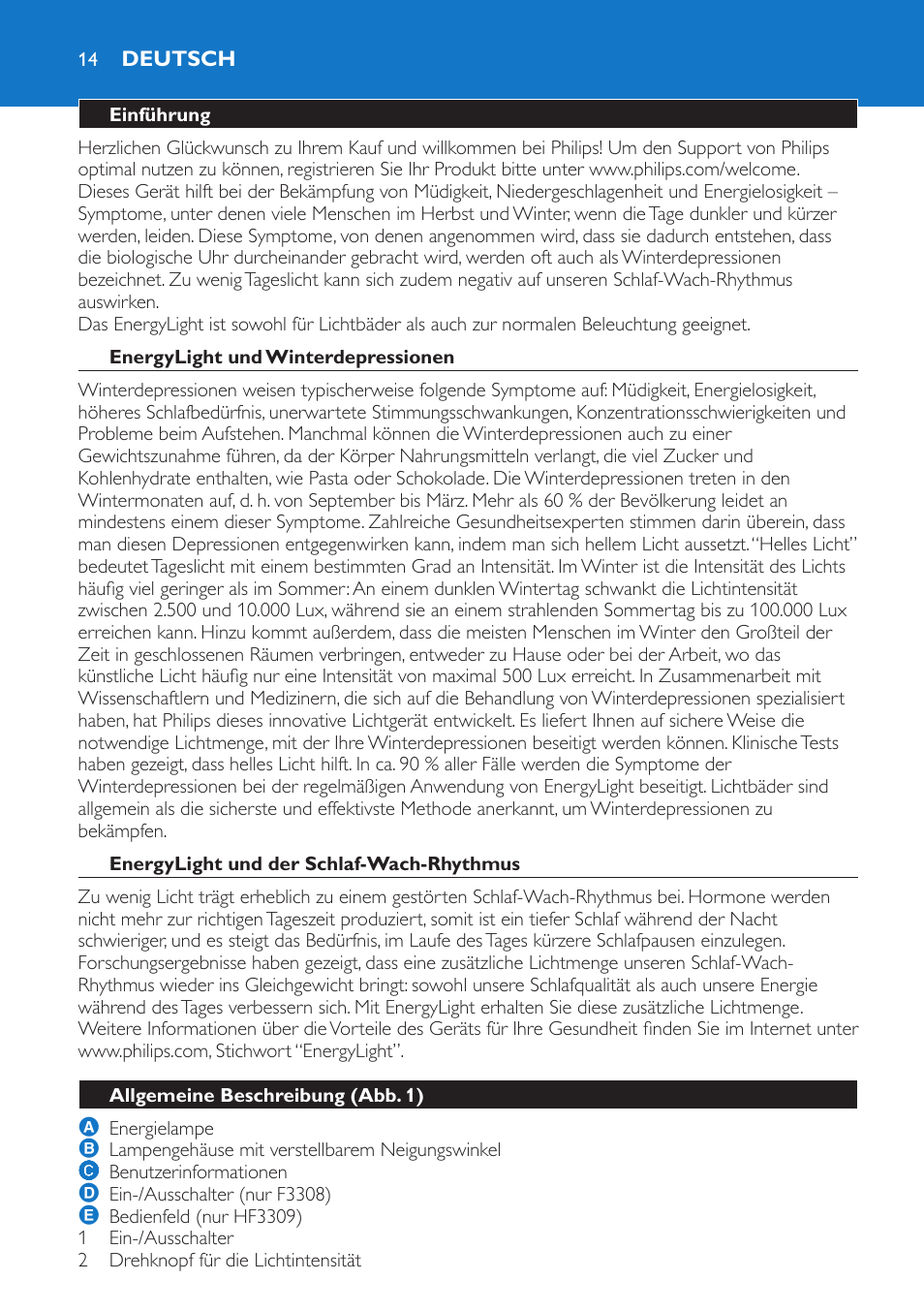 Deutsch, Einführung, Energylight und winterdepressionen | Energylight und der schlaf-wach-rhythmus, Allgemeine beschreibung (abb. 1) | Philips EnergyLight User Manual | Page 14 / 44