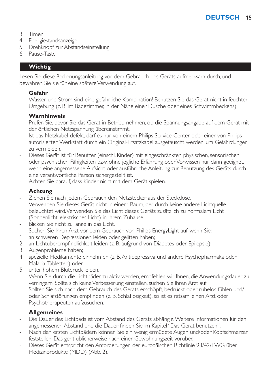 Gefahr, Warnhinweis, Achtung | Allgemeines, Wichtig | Philips EnergyLight User Manual | Page 15 / 44