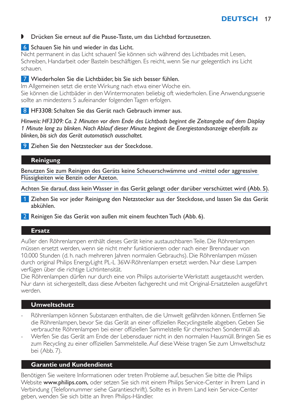 Reinigung, Ersatz, Umweltschutz | Garantie und kundendienst | Philips EnergyLight User Manual | Page 17 / 44