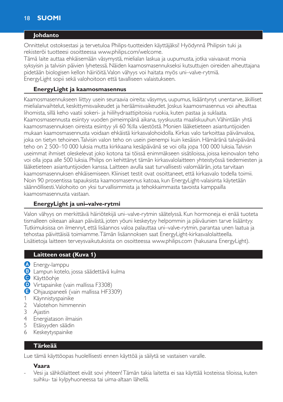 Suomi, Johdanto, Energylight ja kaamosmasennus | Energylight ja uni–valve-rytmi, Laitteen osat (kuva 1), Tärkeää | Philips EnergyLight User Manual | Page 18 / 44