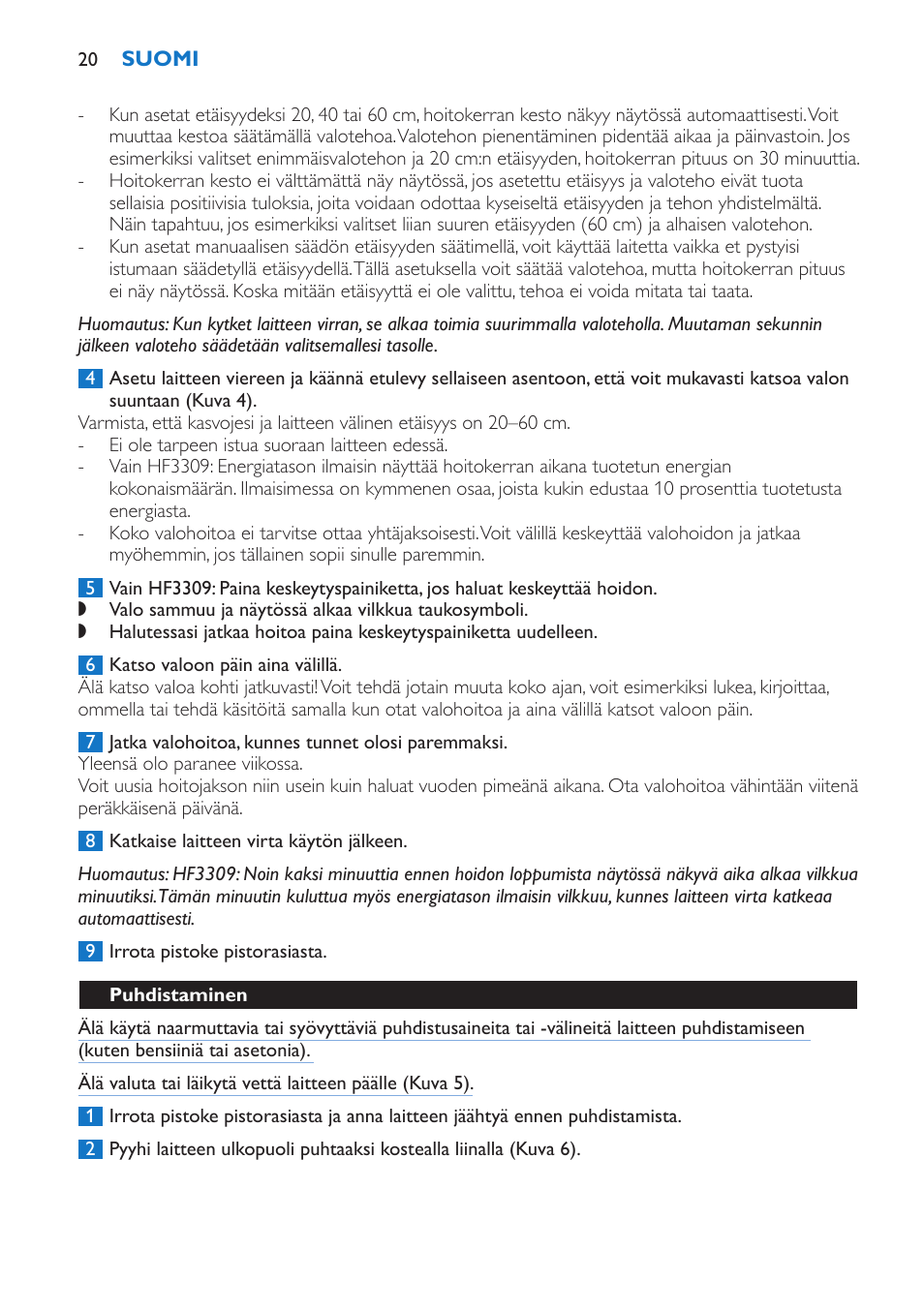 Hf3309, Puhdistaminen | Philips EnergyLight User Manual | Page 20 / 44