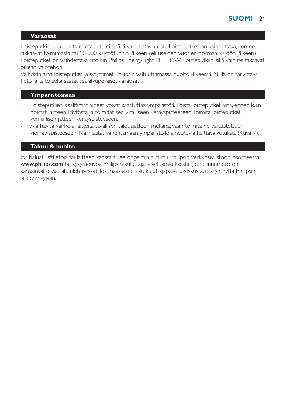 Varaosat, Ympäristöasiaa, Takuu & huolto | Philips EnergyLight User Manual | Page 21 / 44