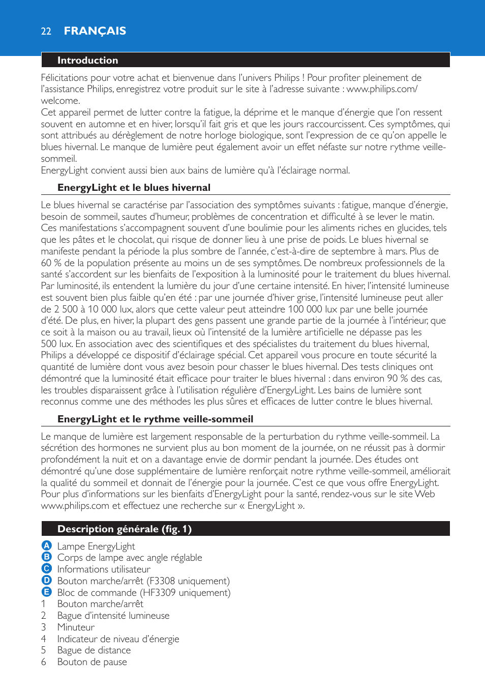 Français, Introduction, Energylight et le blues hivernal | Energylight et le rythme veille-sommeil, Description générale (fig. 1) | Philips EnergyLight User Manual | Page 22 / 44