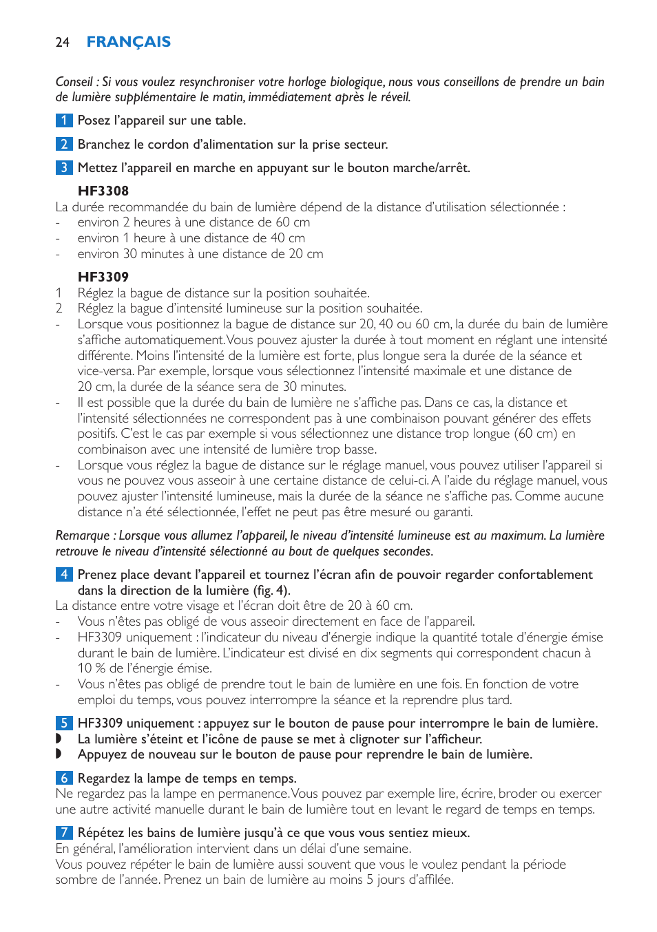 Hf3308, Hf3309, Utilisation de l’appareil | Philips EnergyLight User Manual | Page 24 / 44