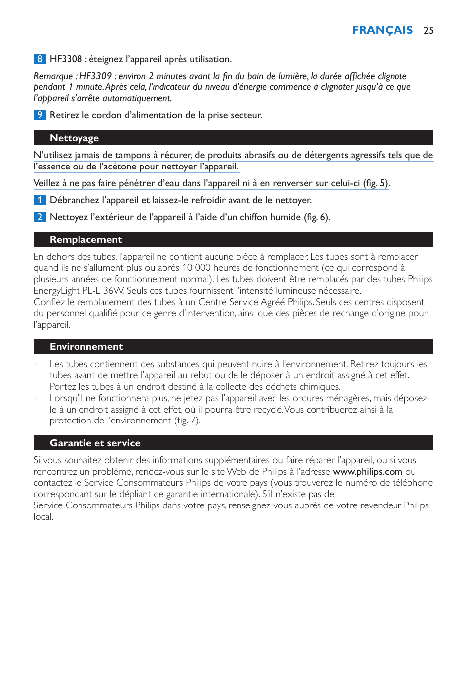 Nettoyage, Remplacement, Environnement | Garantie et service | Philips EnergyLight User Manual | Page 25 / 44