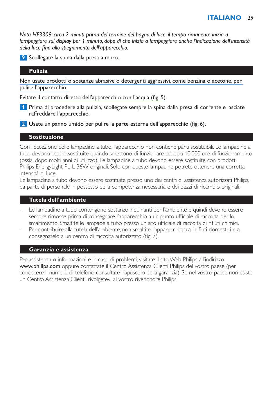 Pulizia, Sostituzione, Tutela dell’ambiente | Garanzia e assistenza | Philips EnergyLight User Manual | Page 29 / 44