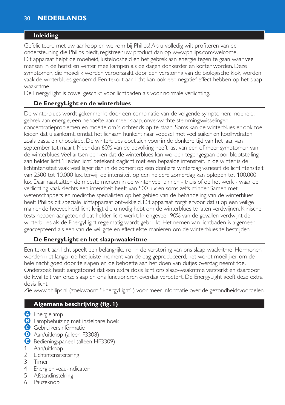 Nederlands, Inleiding, De energylight en de winterblues | De energylight en het slaap-waakritme, Algemene beschrijving (fig. 1) | Philips EnergyLight User Manual | Page 30 / 44