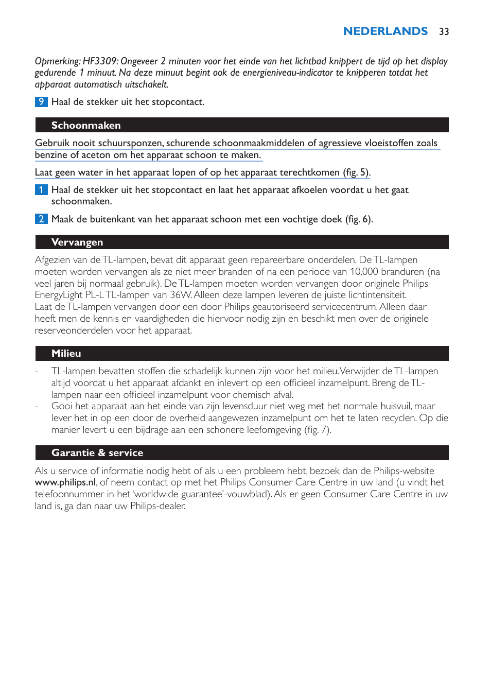 Schoonmaken, Vervangen, Milieu | Garantie & service | Philips EnergyLight User Manual | Page 33 / 44