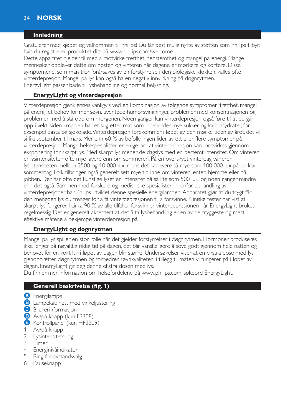 Norsk, Innledning, Energylight og vinterdepresjon | Energylight og døgnrytmen, Generell beskrivelse (fig. 1) | Philips EnergyLight User Manual | Page 34 / 44