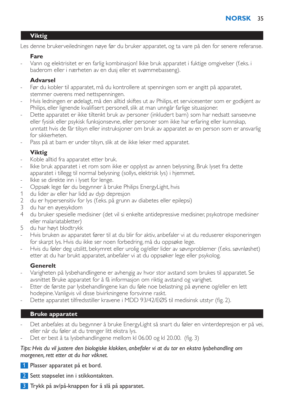 Fare, Advarsel, Viktig | Generelt, Bruke apparatet | Philips EnergyLight User Manual | Page 35 / 44