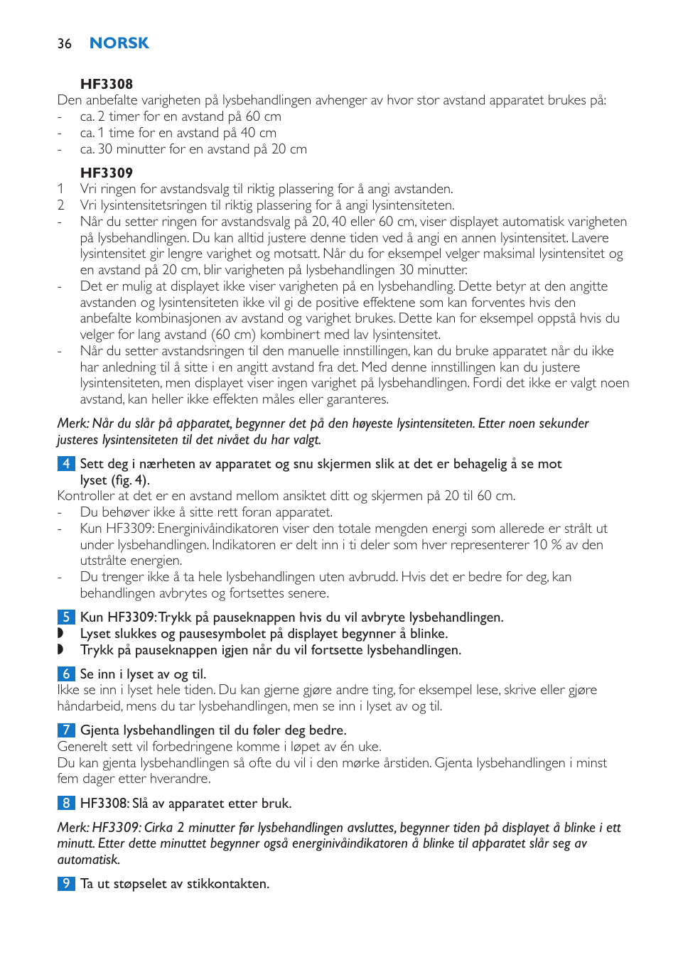 Hf3308, Hf3309 | Philips EnergyLight User Manual | Page 36 / 44