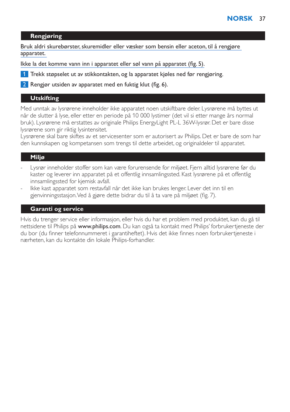 Rengjøring, Utskifting, Miljø | Garanti og service | Philips EnergyLight User Manual | Page 37 / 44