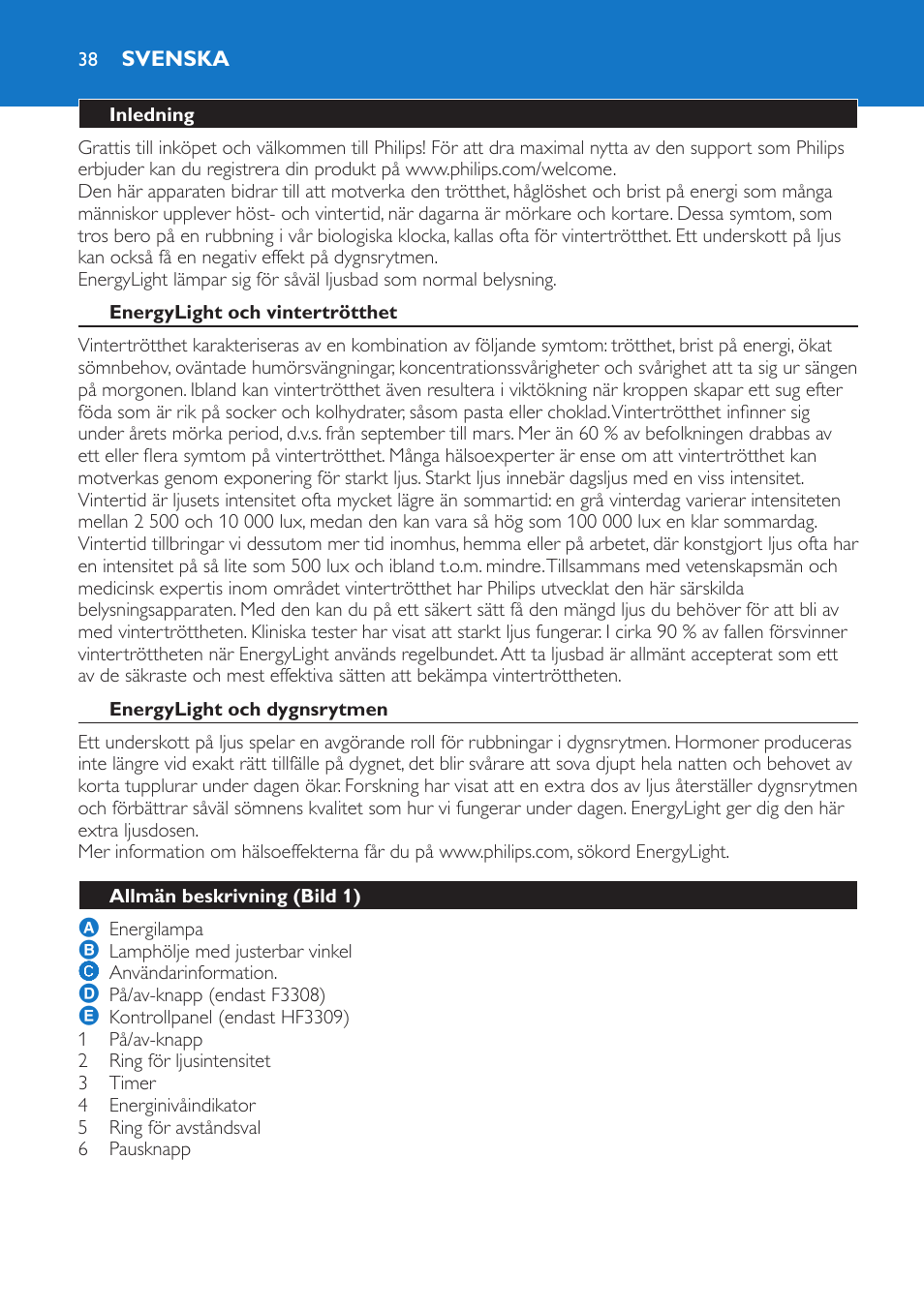 Svenska, Inledning, Energylight och vintertrötthet | Energylight och dygnsrytmen, Allmän beskrivning (bild 1) | Philips EnergyLight User Manual | Page 38 / 44