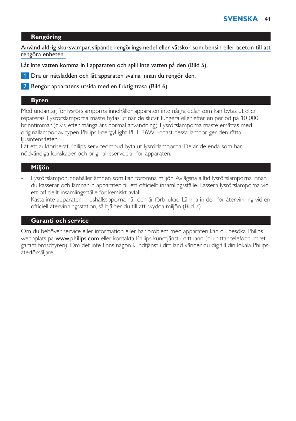 Rengöring, Byten, Miljön | Garanti och service | Philips EnergyLight User Manual | Page 41 / 44