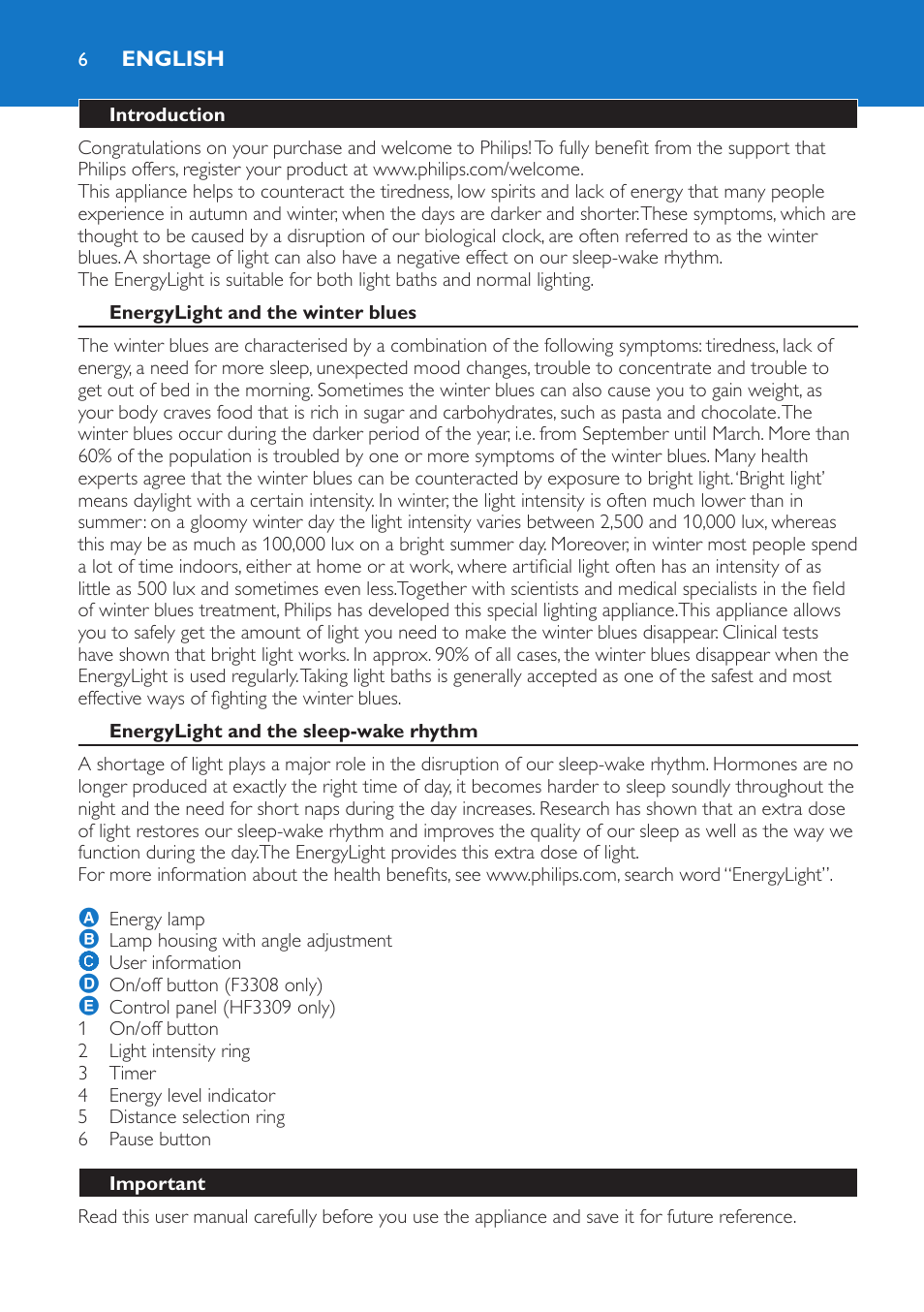 English, Introduction, Energylight and the winter blues | Energylight and the sleep-wake rhythm, General description (fig. 1) | Philips EnergyLight User Manual | Page 6 / 44