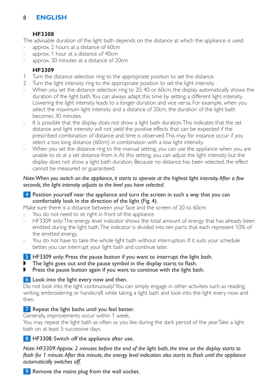 Hf3308, Hf3309 | Philips EnergyLight User Manual | Page 8 / 44