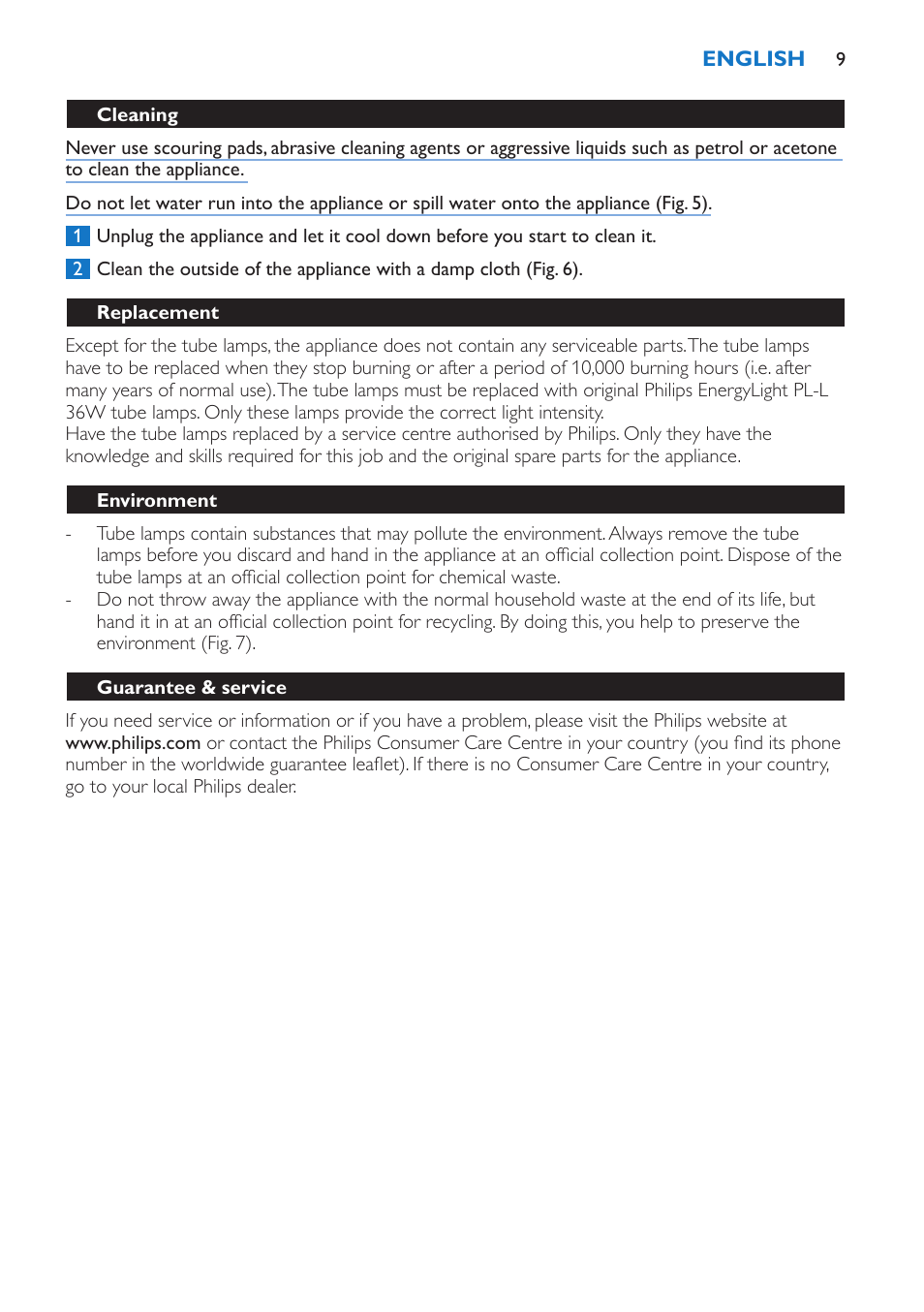 Cleaning, Replacement, Environment | Guarantee & service | Philips EnergyLight User Manual | Page 9 / 44