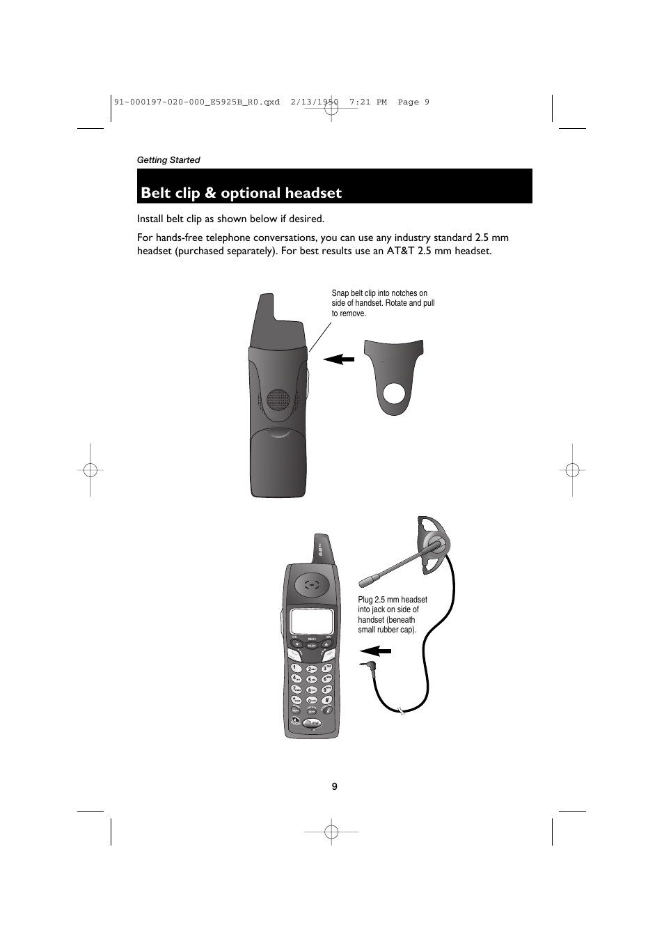 Belt clip & optional headset | AT&T E5925B User Manual | Page 11 / 59