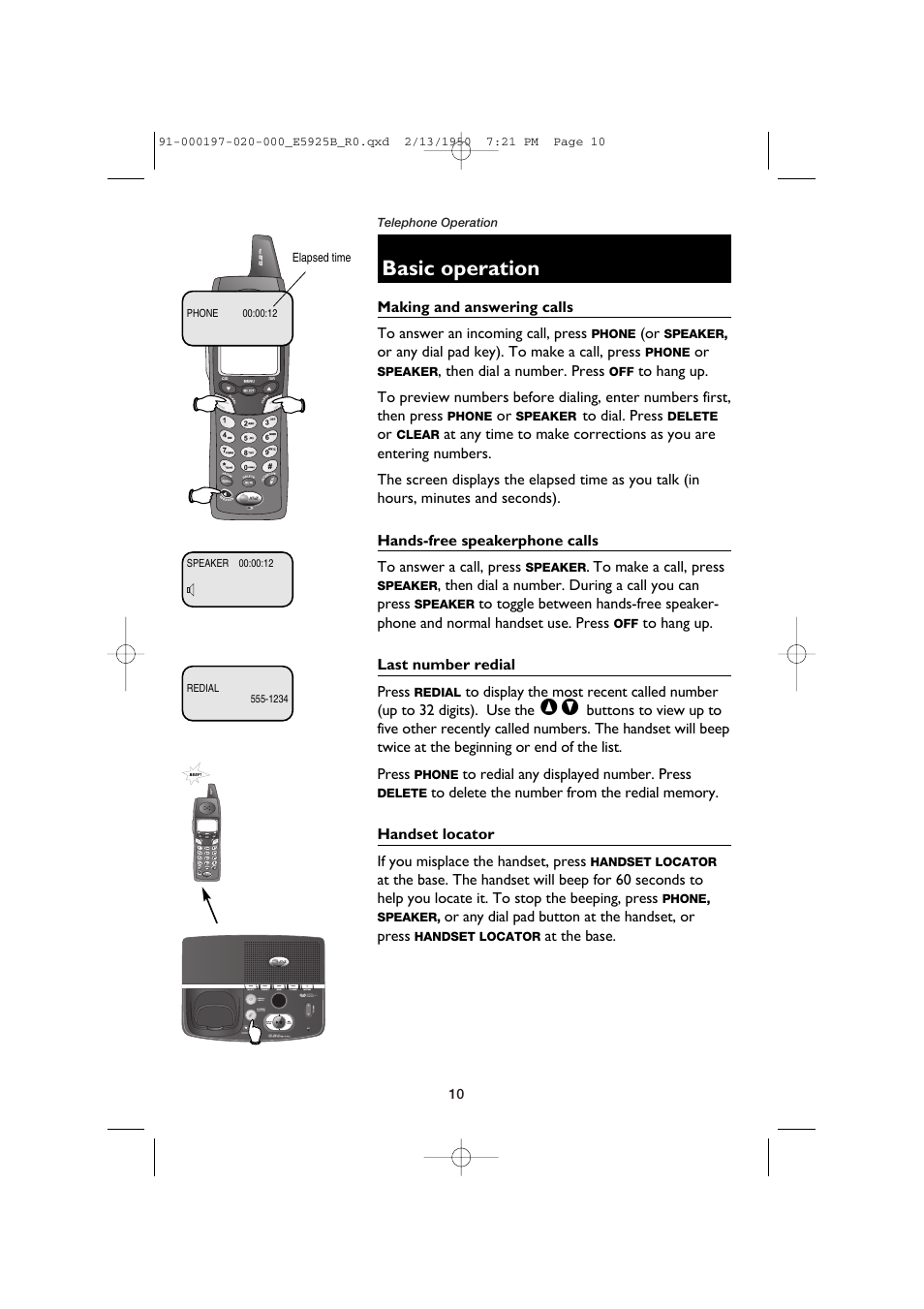 Basic operation, Making and answering calls, Hands-free speakerphone calls | Last number redial, Handset locator | AT&T E5925B User Manual | Page 12 / 59