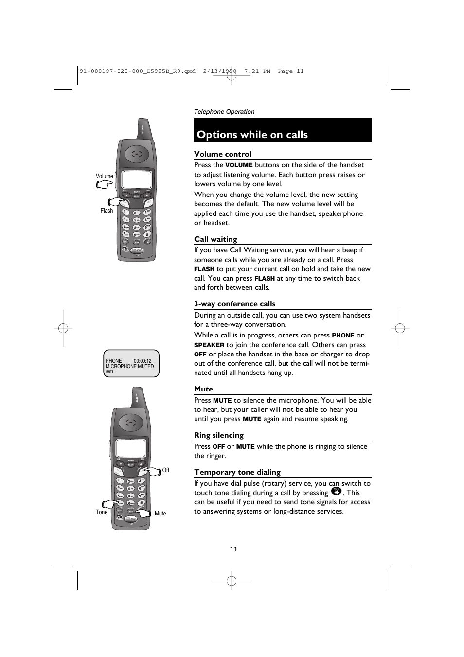 Volume control, Call waiting, Way conference calls | Mute, Ring silencing, Temporary tone dialing, Options while on calls | AT&T E5925B User Manual | Page 13 / 59