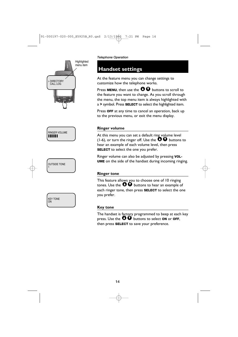 Handset settings, Ringer volume, Ringer tone | Key tone | AT&T E5925B User Manual | Page 16 / 59