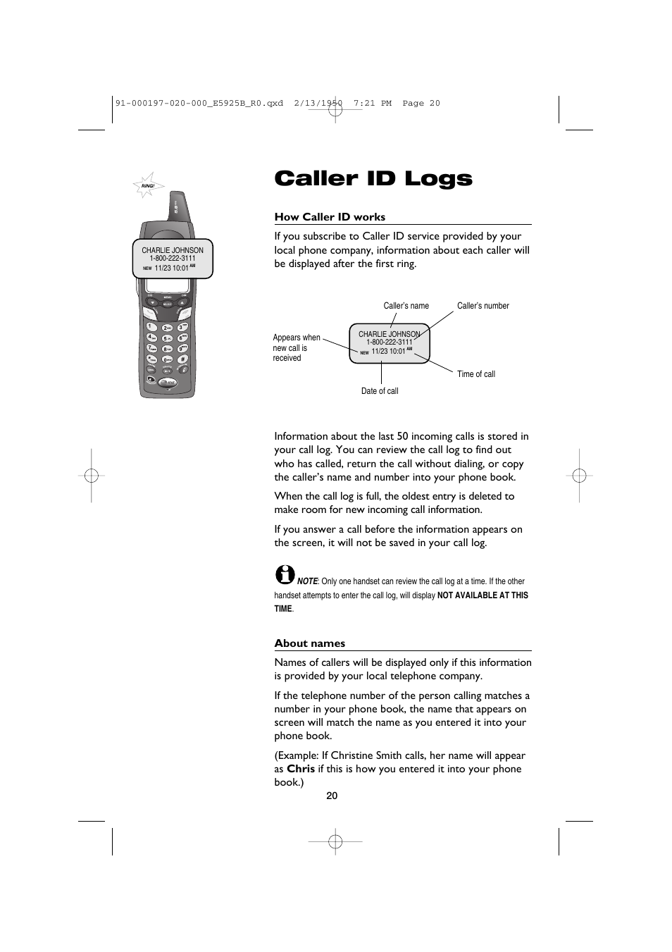 Caller id logs, About names | AT&T E5925B User Manual | Page 22 / 59