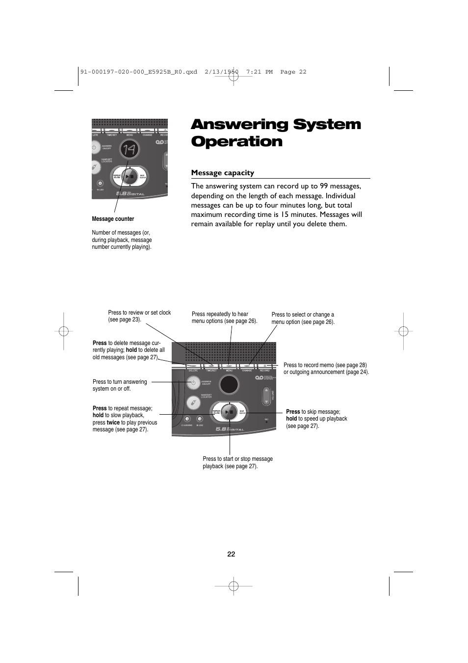Answering system, Message capacity, Answering system operation | AT&T E5925B User Manual | Page 24 / 59