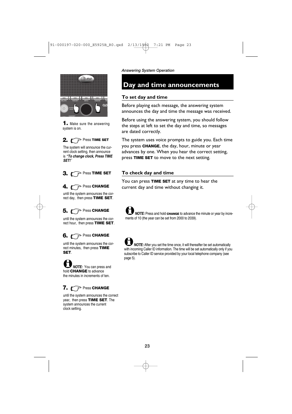 To set day and time, To check day and time, Day and time announcements | AT&T E5925B User Manual | Page 25 / 59