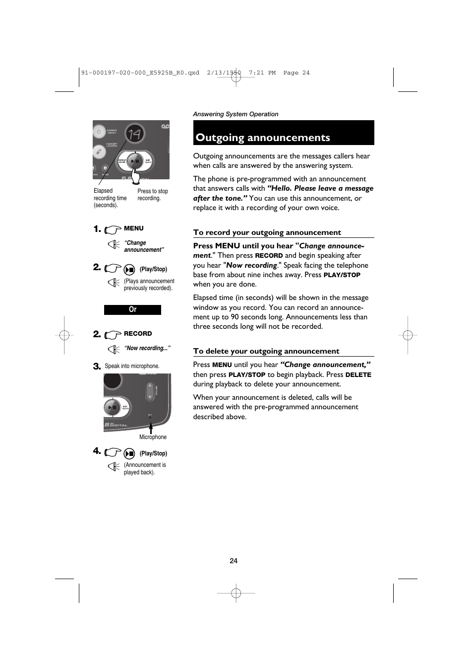 Outgoing announcements, To record your outgoing announcement, To delete your outgoing announcement | AT&T E5925B User Manual | Page 26 / 59