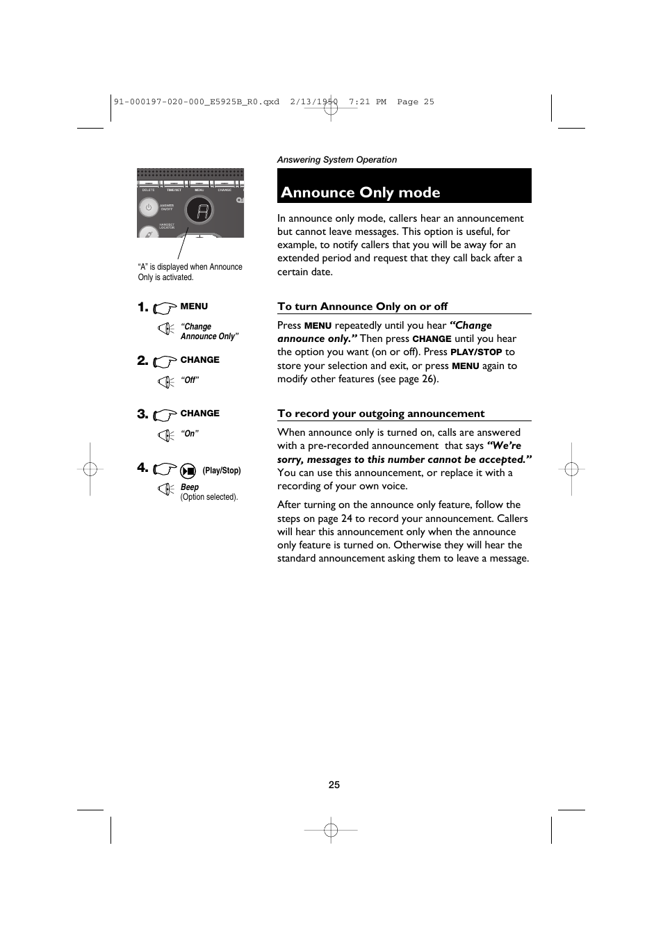 Announce only mode, To turn announce only on or off, To record your outgoing announcement | AT&T E5925B User Manual | Page 27 / 59