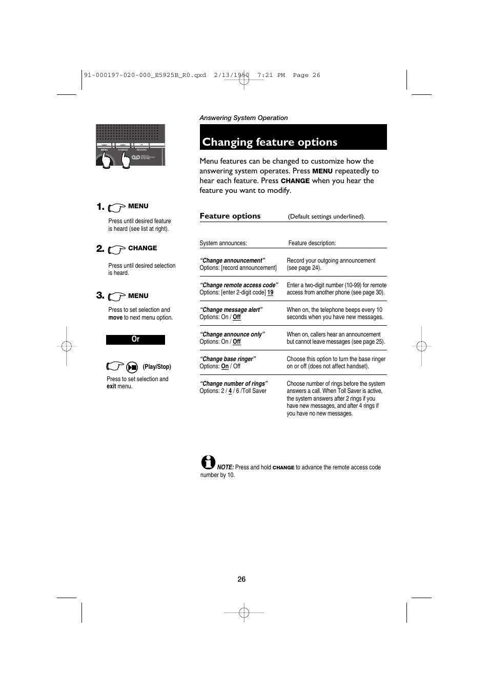Changing feature options, Feature options | AT&T E5925B User Manual | Page 28 / 59