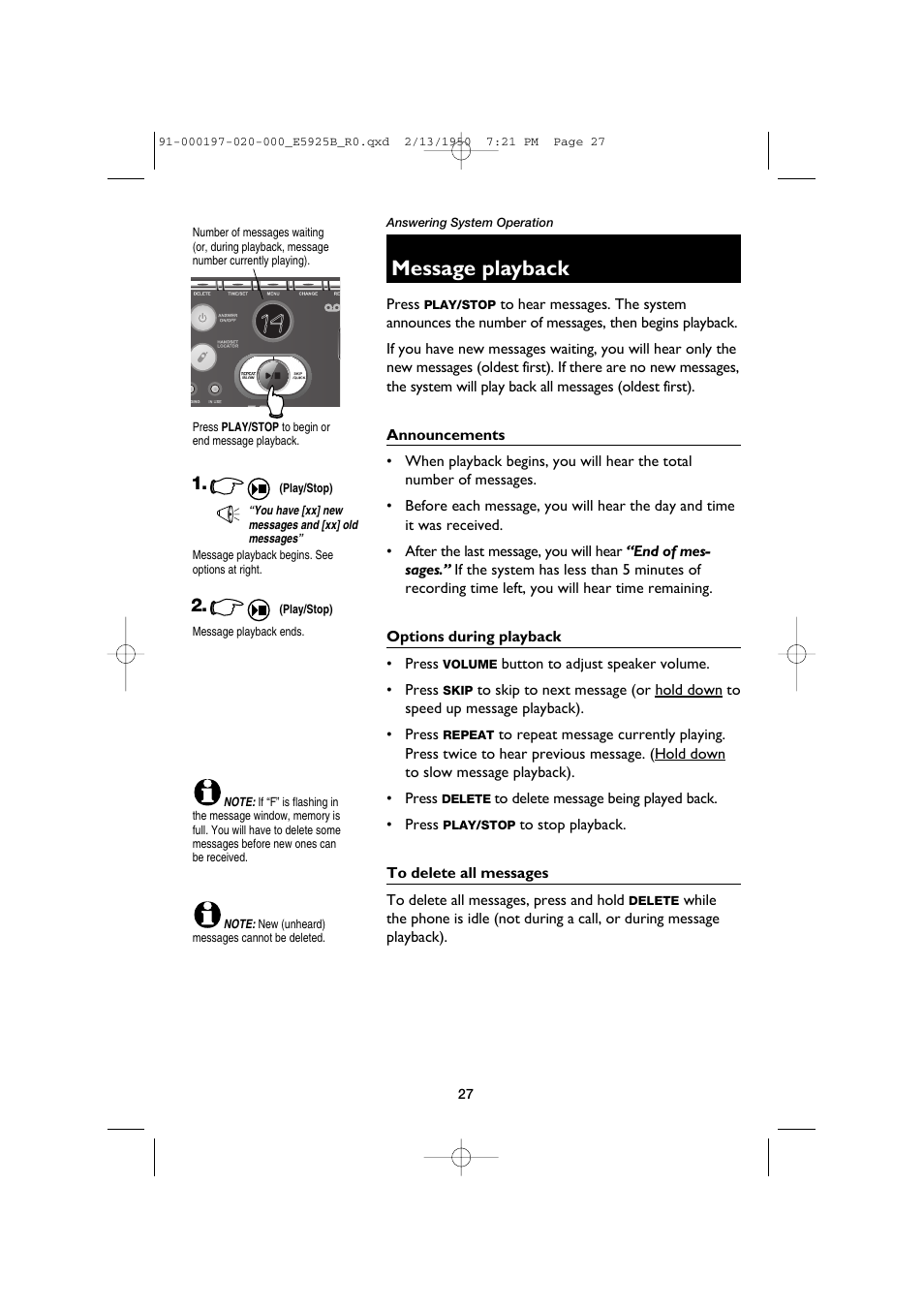 Message playback, Announcements, Options during playback | To delete all messages | AT&T E5925B User Manual | Page 29 / 59