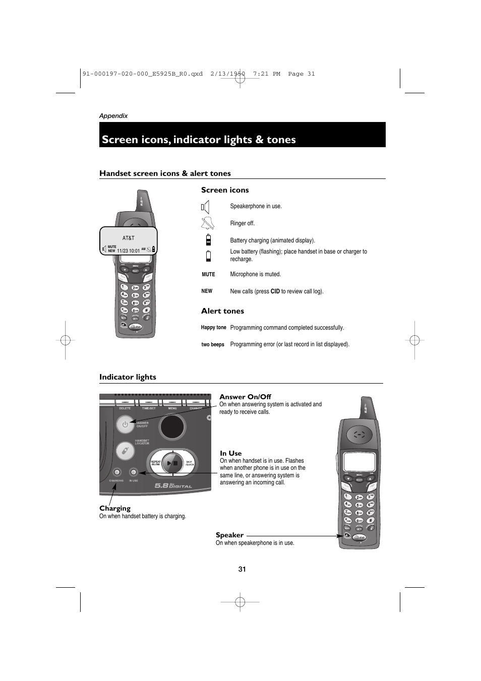 Screen icons, indicator lights & tones, Handset screen icons & alert tones, Indicator lights | Screen icons alert tones | AT&T E5925B User Manual | Page 33 / 59