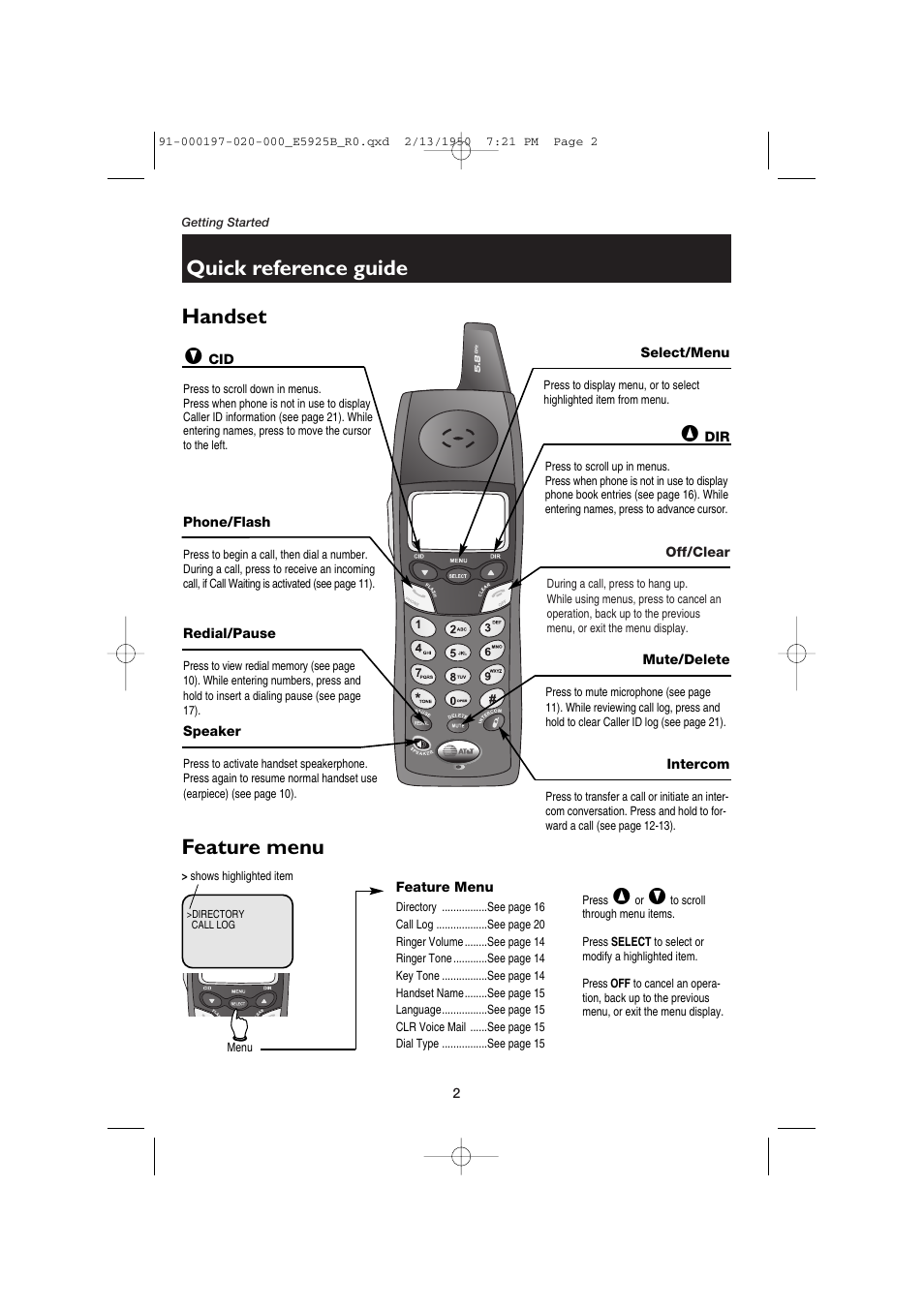 Quick reference guide, Handset, Phone/flash | Redial/pause, Speaker, Select/menu, Off/clear, Mute/delete, Intercom, Feature menu | AT&T E5925B User Manual | Page 4 / 59
