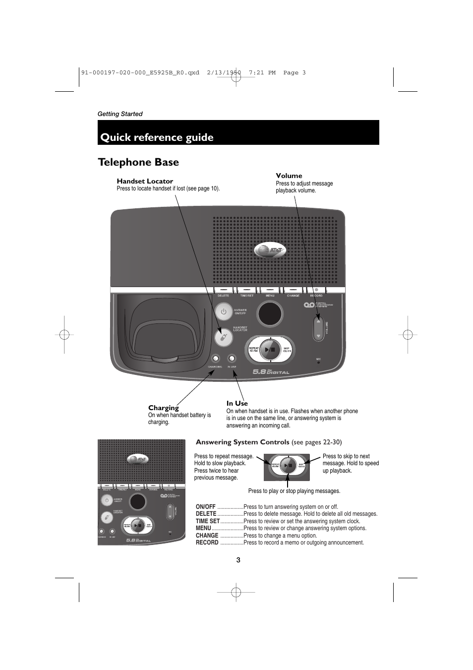 Telephone base, Handset locator, Volume | Charging, In use, Answering system controls, Quick reference guide telephone base | AT&T E5925B User Manual | Page 5 / 59