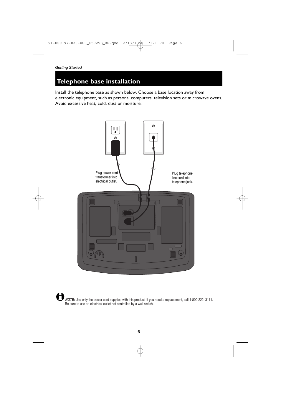 Telephone base installation | AT&T E5925B User Manual | Page 8 / 59