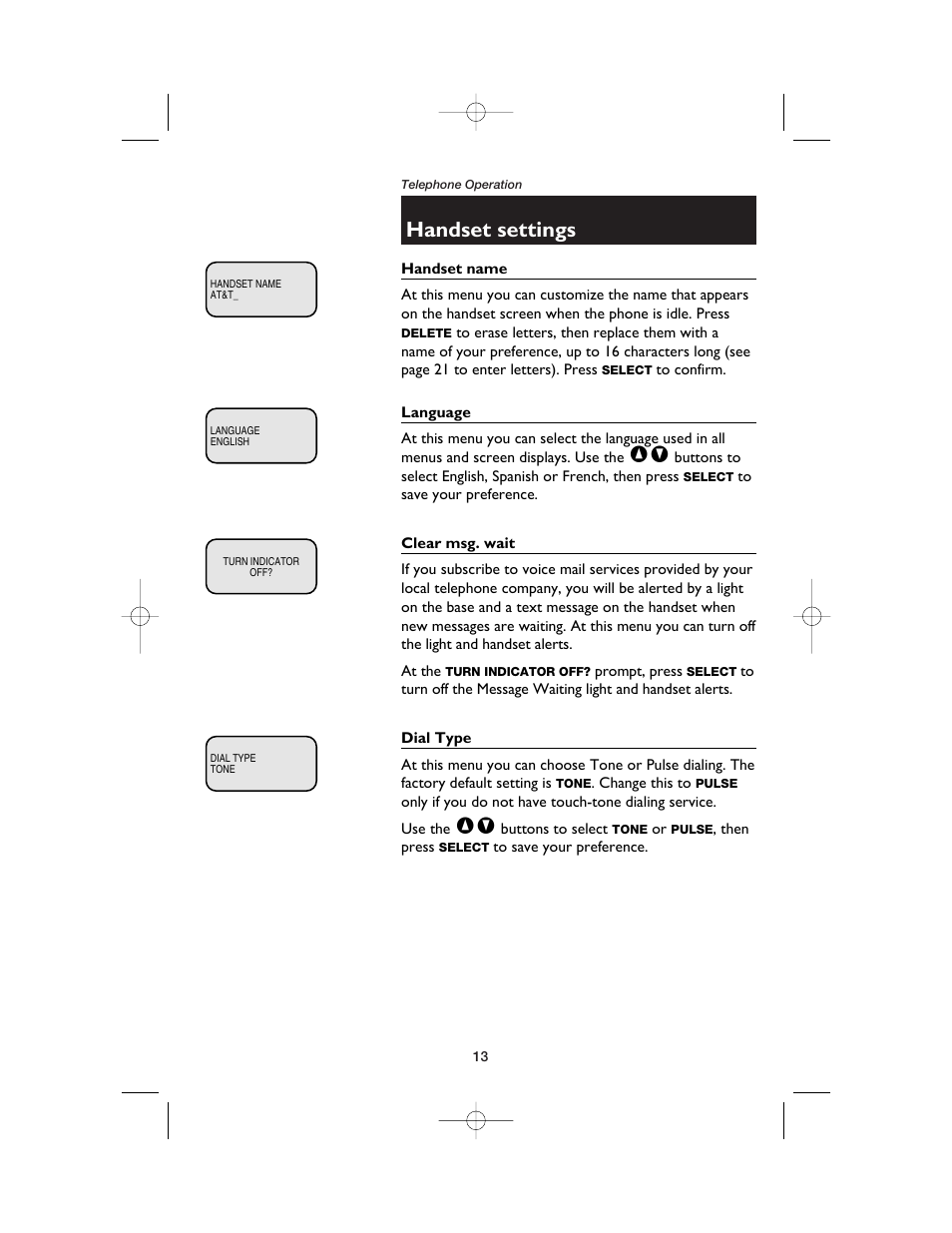 Handset settings | AT&T 2120 User Manual | Page 15 / 32