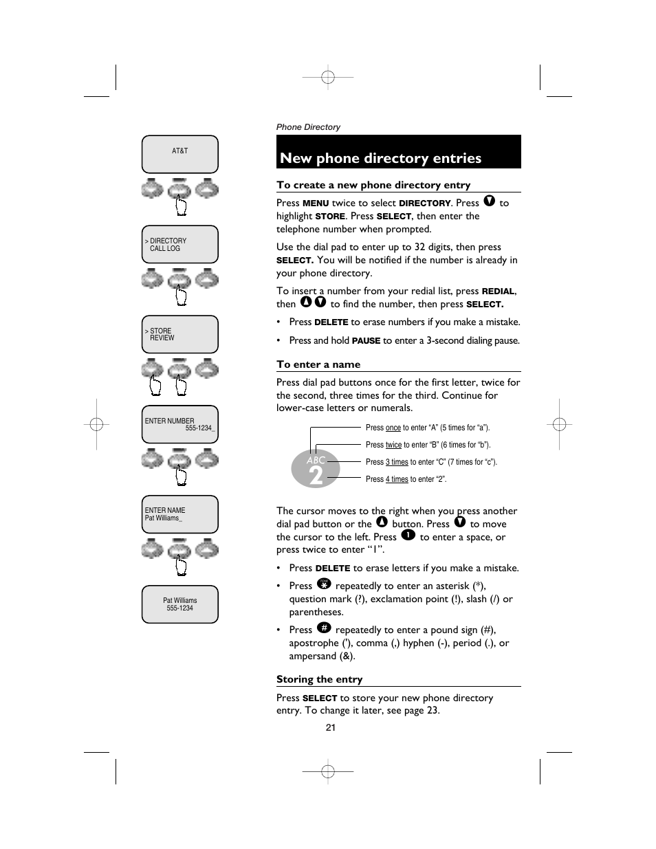 New phone directory entries | AT&T 2120 User Manual | Page 23 / 32
