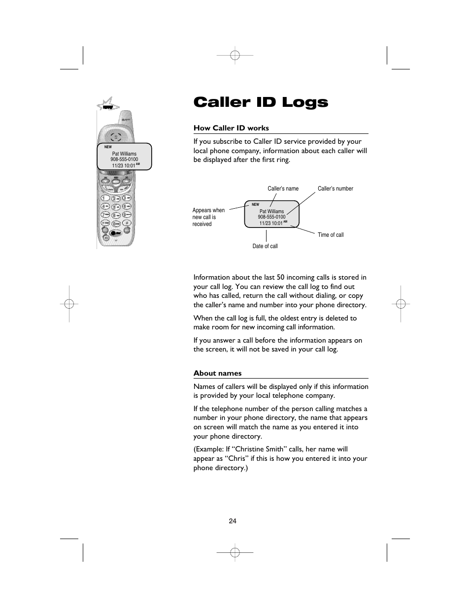 Caller id logs | AT&T 2120 User Manual | Page 26 / 32