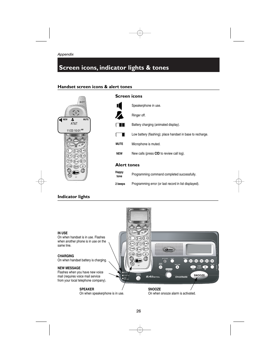 Screen icons, indicator lights & tones | AT&T 2120 User Manual | Page 28 / 32