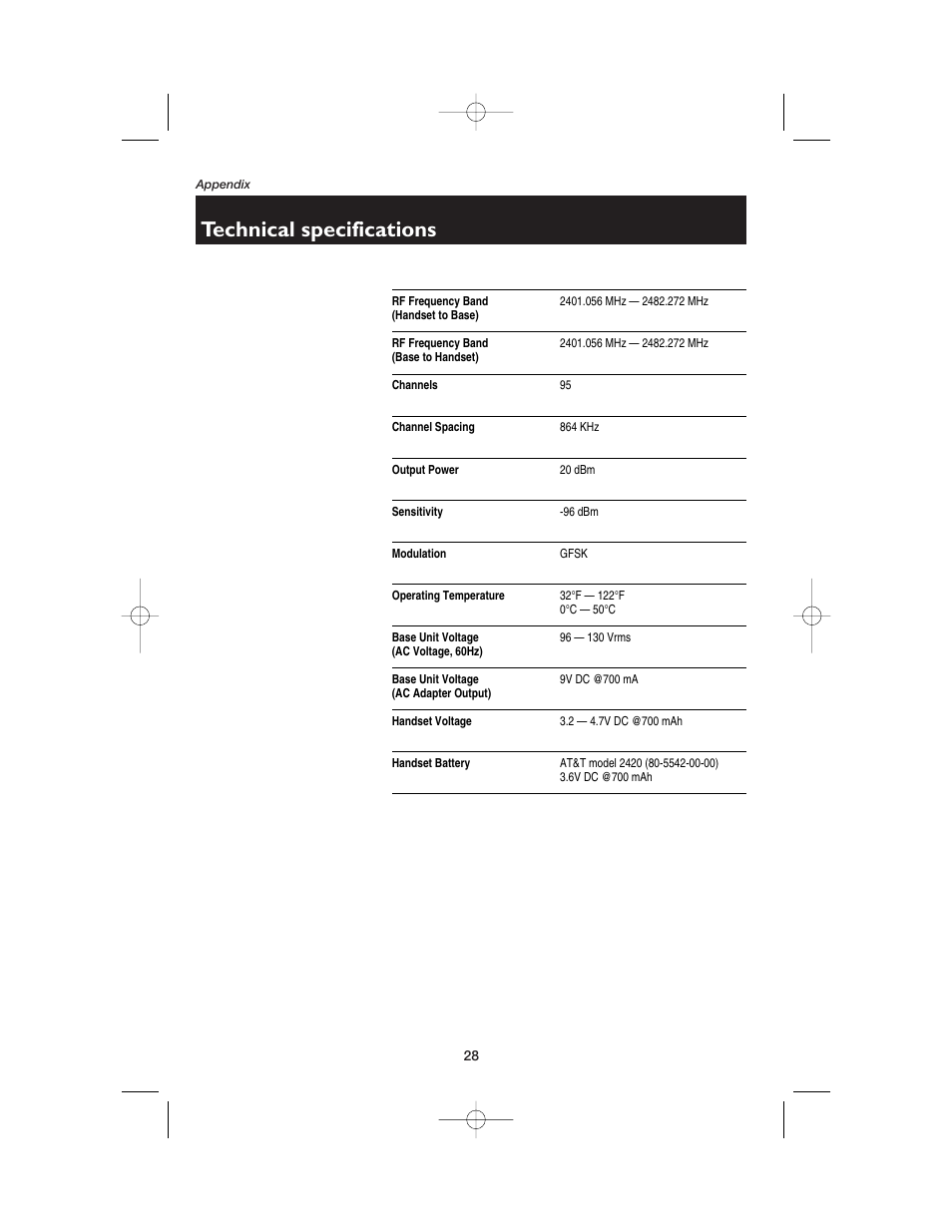 Technical specifications | AT&T 2120 User Manual | Page 30 / 32