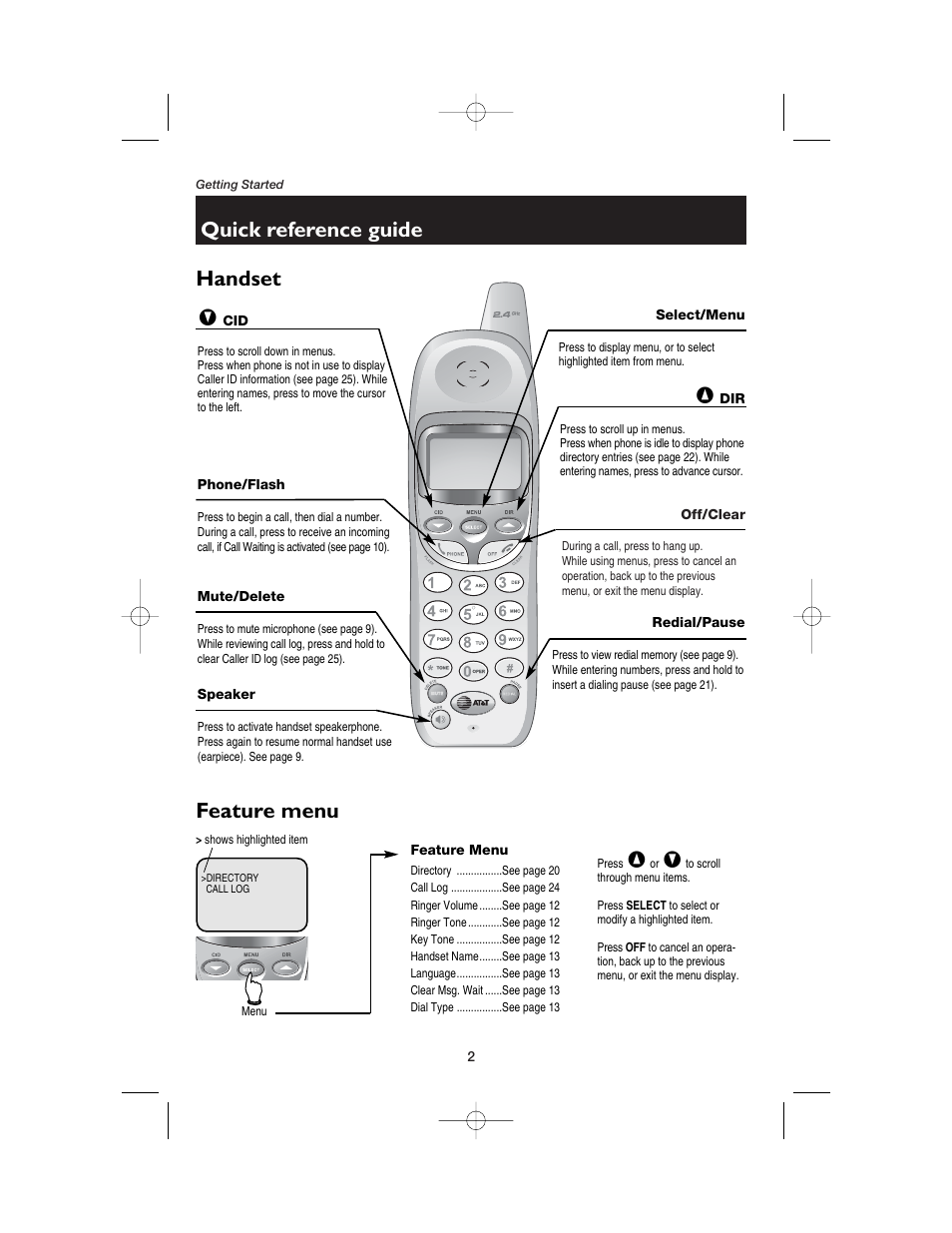 Quick reference guide, Handset feature menu | AT&T 2120 User Manual | Page 4 / 32
