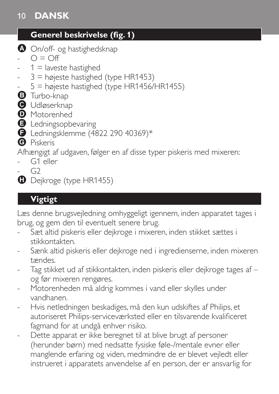 Dansk, Generel beskrivelse (fig. 1), Vigtigt | Philips Daily Collection Batteur User Manual | Page 10 / 72